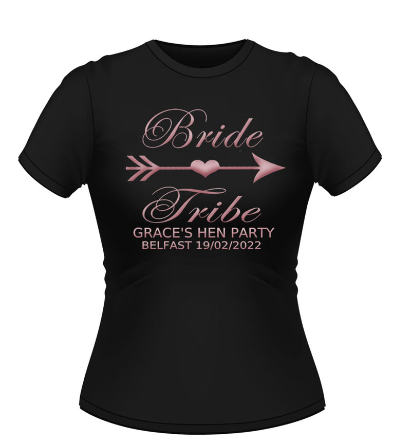 Personalised bride tribe design Black hen party tshirt with Rose gold graphic and text