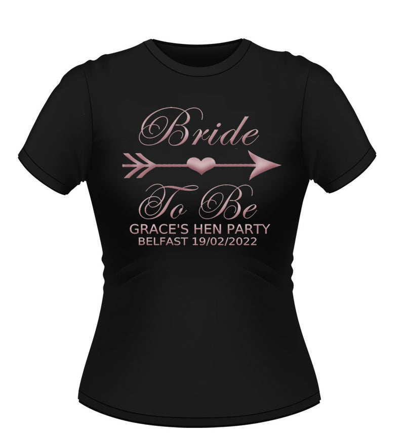 Personalised bride tribe design Bride to be Black Hen party tshirt with rose gold text and graphic