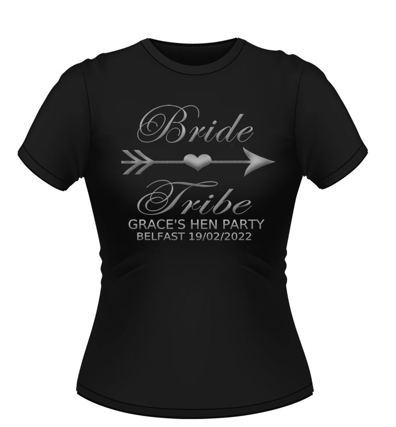 Personalised bride tribe design Black hen party tshirt with silver graphic and text