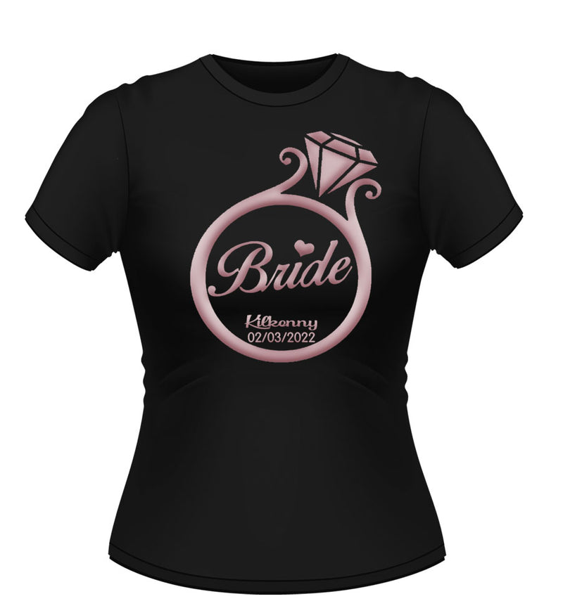 Black Personalised Tshirt logo ring design Bride printed centre in Rose gold finish