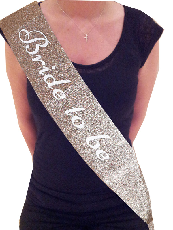 SASH BRIDE TO BE GLITTER GOLD WITH WHITE TEXT