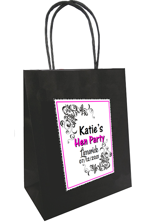 black bag with white personalised sticker in classy design
