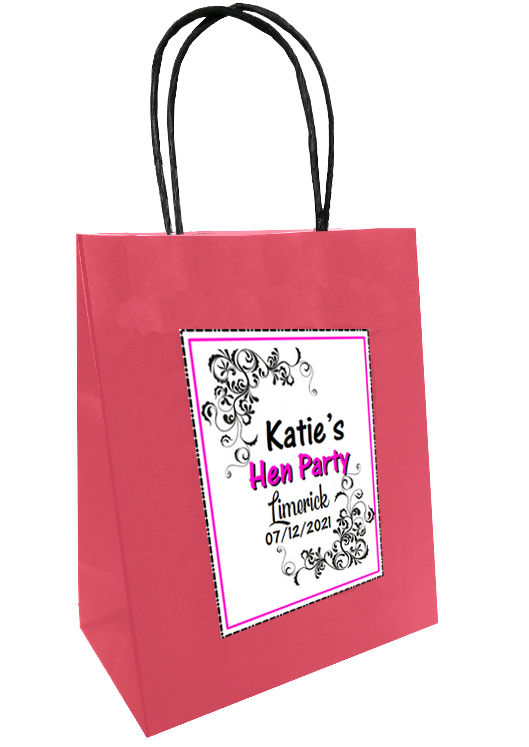 Pink gift bag with white personalised sticker in classy design 