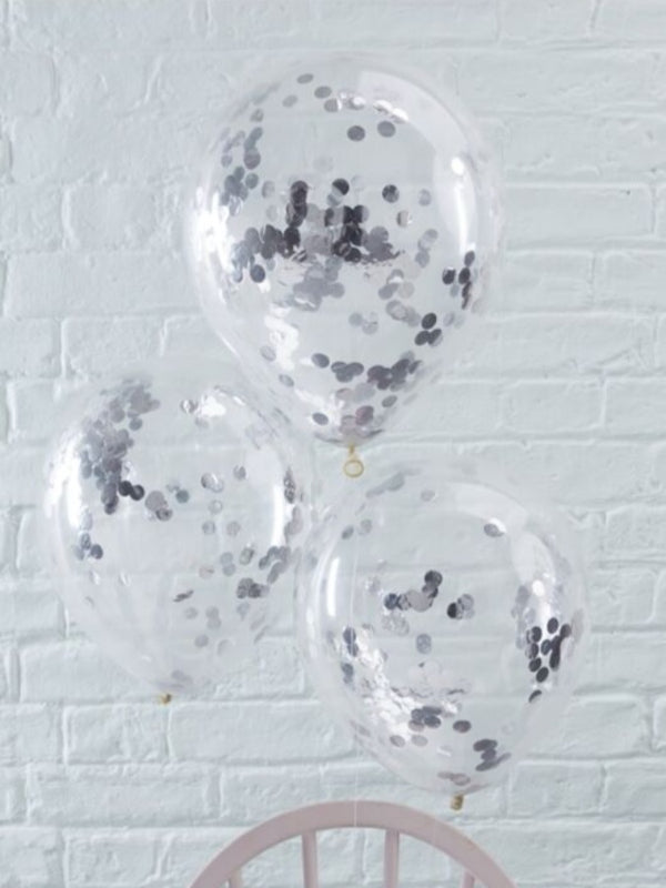 transparent  balloons with silver confetti inside