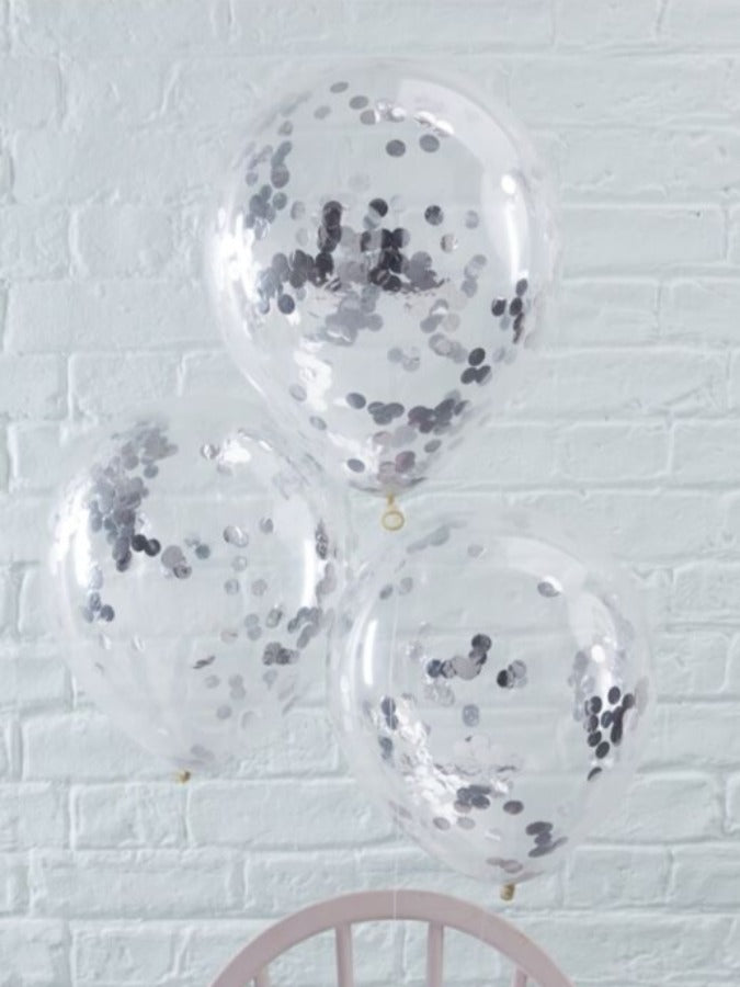 transparent  balloons with silver confetti inside