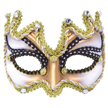 EM387  Half Face on Headband Ivory and Gold maqurade mask