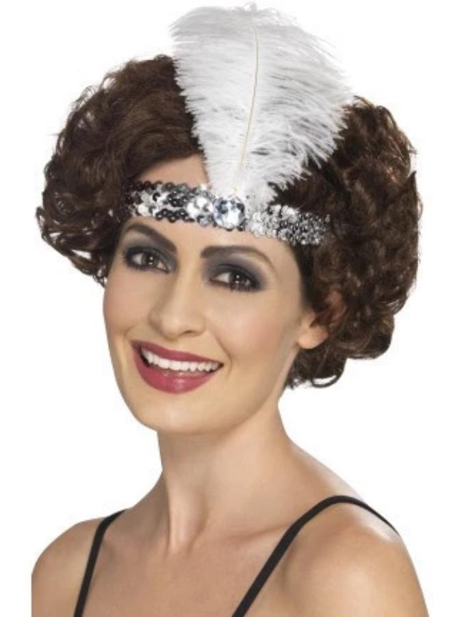 Flapper Headband, Silver, with Feather