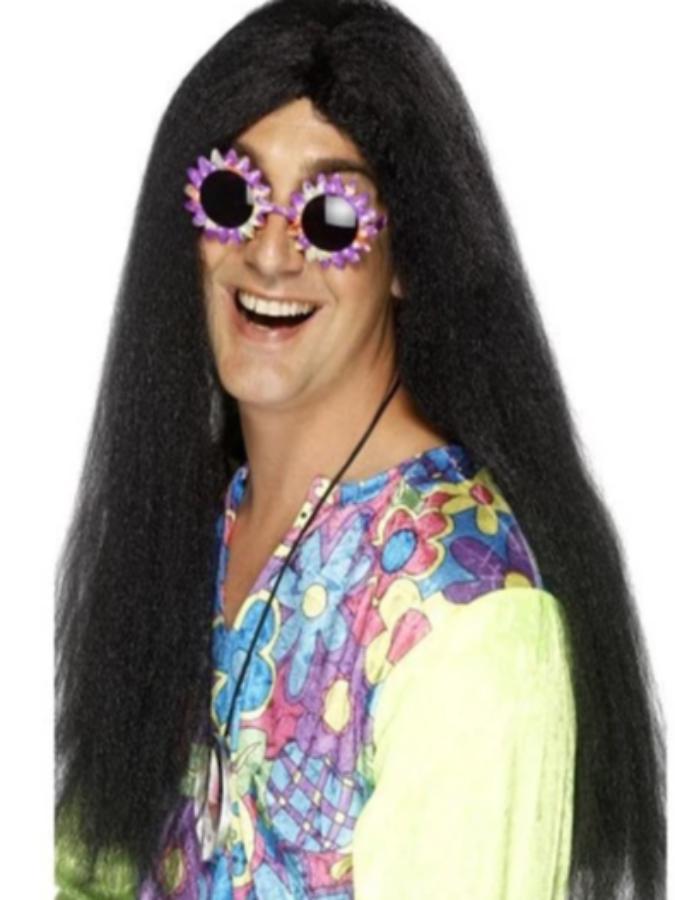 Long black hippy wig
