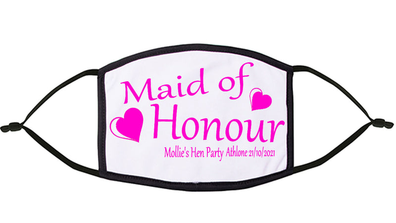 Heart Design 'Maid of Honour'  Personalised Hen Party Re-Usable Face Mask