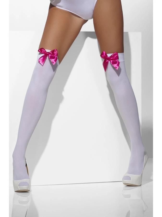 Opaque Hold-Ups, White, with Fuchsia Bows