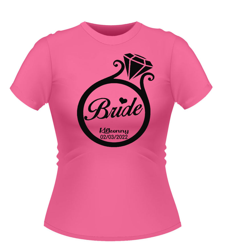 Pink Personalised Tshirt logo ring design Bride printed centre in Black finish