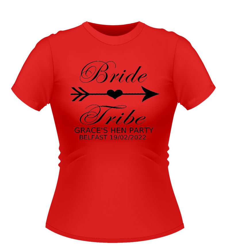 Personalised bride tribe design Red hen party tshirt with black graphic and text