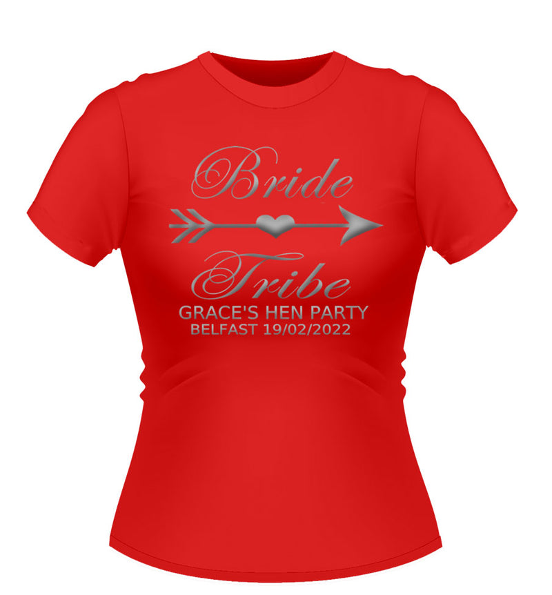 Personalised bride tribe design Red hen party tshirt with silver graphic and text