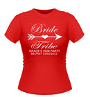 Personalised bride tribe design Red hen party tshirt with white graphic and text