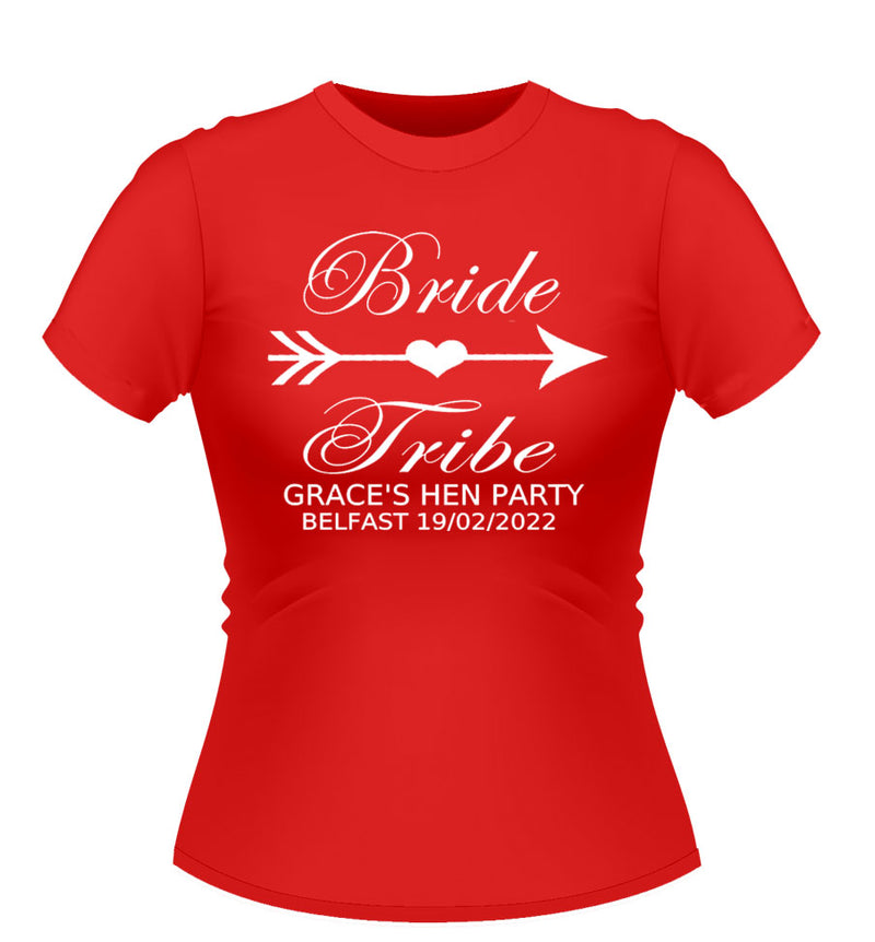 Personalised bride tribe design Red hen party tshirt with white graphic and text