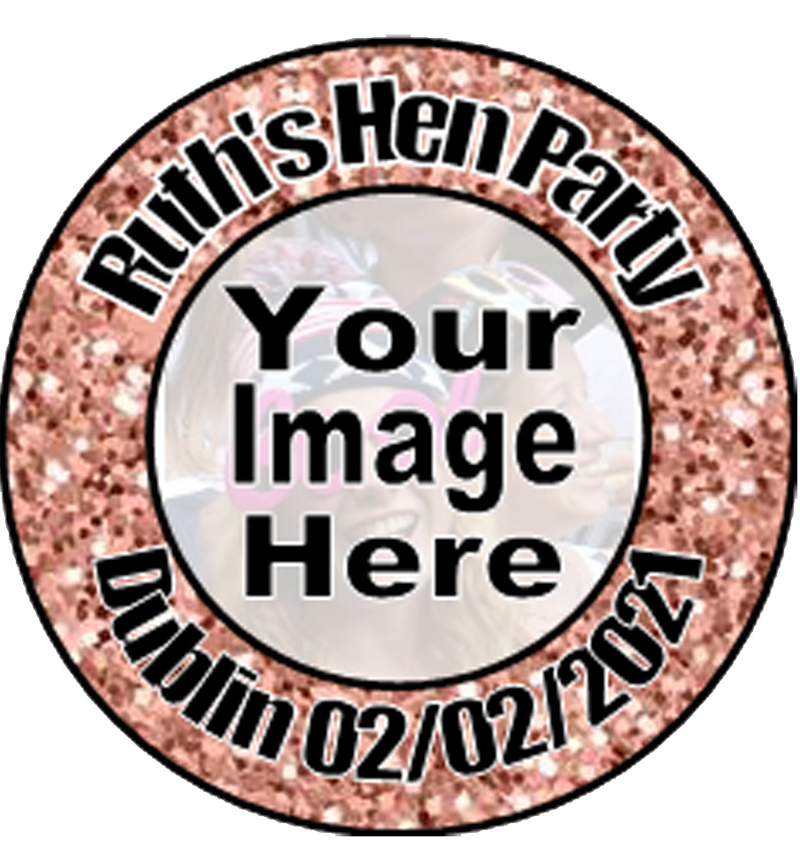 Personalised Rose Gold Sparkle Hen Party Badge with Pic