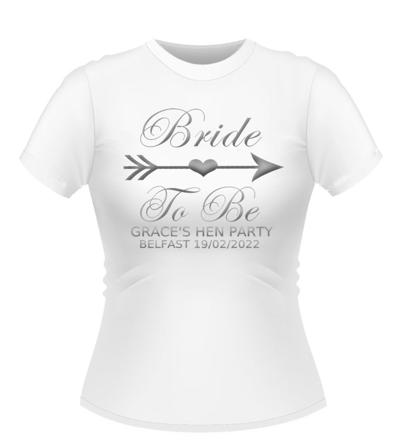 Personalised bride tribe design Bride to be White Hen party tshirt with silver text and graphic