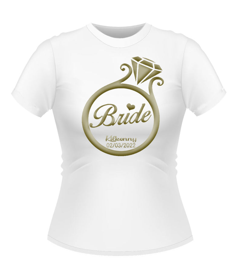 White Personalised Tshirt logo ring design Bride printed centre in Metallic gold finish