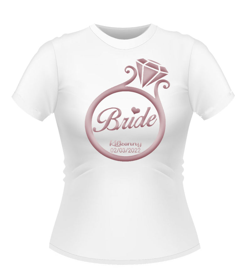 White Personalised Tshirt logo ring design Bride printed centre in Rose gold finish