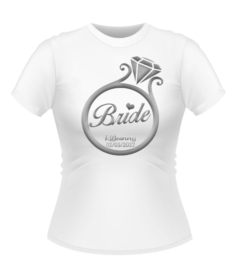 White Personalised Tshirt logo ring design Bride printed centre in Silver Metalic finish